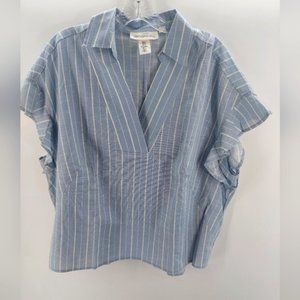 label of graded goods shirt blue white striped v neck cap ruffle sleeve us 12 L.